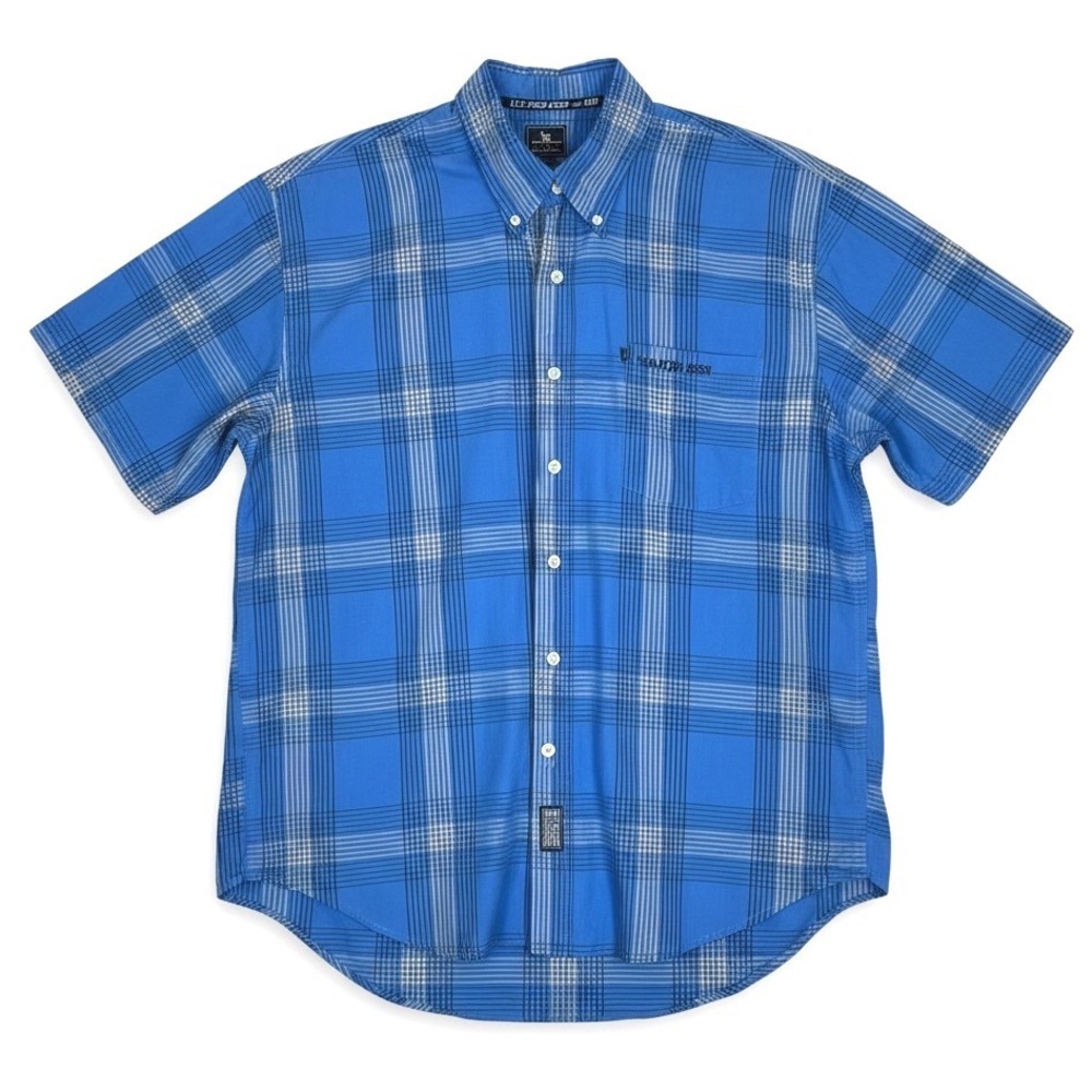 U.S. Polo‎ Assn Mens Blue Plaid Short Sleeve Button Down Large Cotton Classic